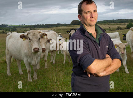 Carni bovine agricoltore james piccola della sua azienda agricola in Mendip Hills Foto Stock