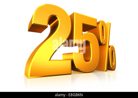 3D rendering di testo nel 25 percento in oro su sfondo bianco con la riflessione Foto Stock