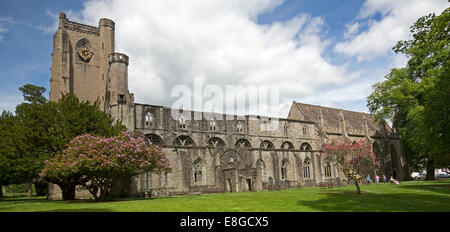 Storica Dunkeld Cathedral, parzialmente in rovina, circondato da giardini con prati, arbusti fioriti, alberi, cielo blu, Scotlland Foto Stock