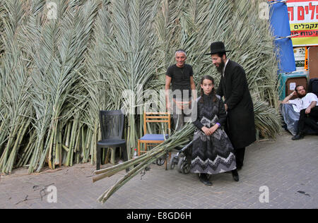 Gerusalemme, festa ebraica di Sukkot. Il 7 ottobre, 2014. Gli Ebrei Ultra-Orthodox comprare palm-rami di alberi per la costruzione di una Sukkah, un rituale di booth utilizzati durante la festa ebraica di Sukkot, in un quartiere di religiose di Gerusalemme il 7 ottobre, 2014. Attento ebrei costruire strutture temporanee per la settimana di festa per commemorare i 40 anni di viaggiare nel deserto dopo l'esodo dalla schiavitù in Egitto. Questo anno di Sukkot inizia giovedì. © Gil Cohen Magen/Xinhua/Alamy Live News Foto Stock