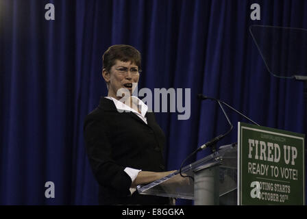 Chicago, IL, Stati Uniti d'America. Il 7 ottobre, 2014. Sheila Simon, Lt. Governatore dell'Illinois e la figlia del compianto Congressman Paul Simon parla prima al rally politici per il Governatore Pat Quinn Credito: Karen I. Hirsch/ZUMA filo/ZUMAPRESS.com/Alamy Live News Foto Stock