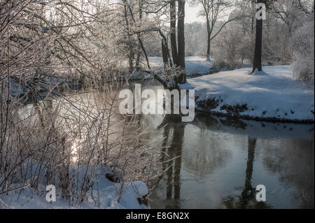Inverno sul fiume Ilm, Park sul fiume Ilm, Sito Patrimonio Mondiale dell'UNESCO, Weimar, Turingia, Germania Foto Stock