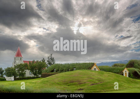 Tappeto erboso belle case in Glaumbaer in Islanda Foto Stock