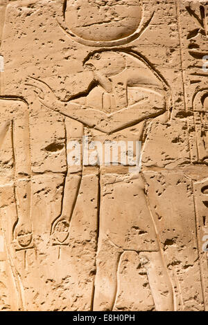 Egitto Luxor Tempio di Karnak, bassorilievi di divinità Horus, con testa di Falcon holding ankh chiave della vita Foto Stock