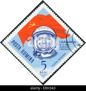 ROMANIA - circa 1964: francobollo stampato in Romania mostra il primo cosmonauta Yuri Gagarin, circa 1964 Foto Stock