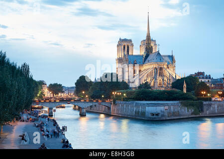 La cattedrale di Notre Dame de Paris, la gente sul dock Foto Stock