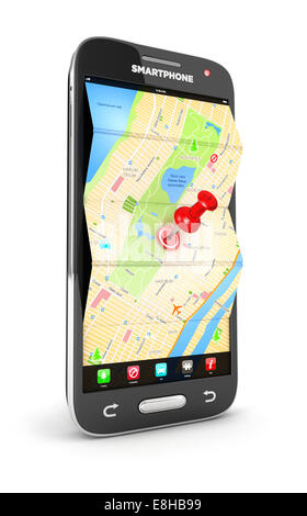 3d road map in smartphone, isolato sfondo bianco, l'immagine 3D Foto Stock