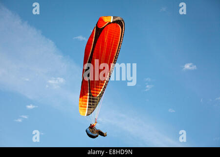 L'uomo parapendio sotto una vela di colore rosso su una giornata estiva sotto un cielo blu a Barton on Sea Hampshire Inghilterra Foto Stock