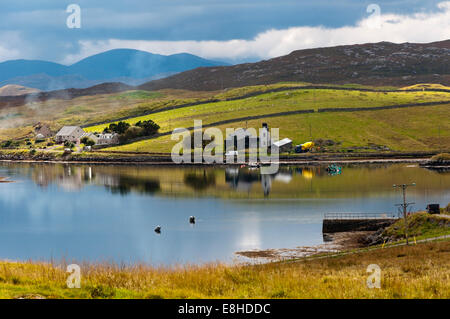 Vista sul Loch Ròg da Calanais sulla costa occidentale dell'isola di Lewis nelle Ebridi Esterne. Foto Stock