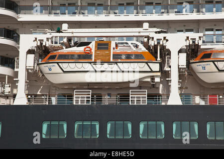 Scialuppa di salvataggio sulla Cunard nave da crociera Queen Elizabeth 2 al dock in acqua di Southampton Foto Stock