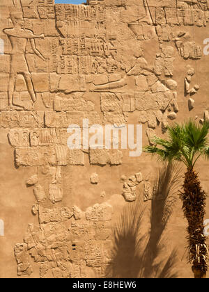 Egitto Luxor Tempio di Karnak, geroglifici e bassorilievi dell uomo Foto Stock