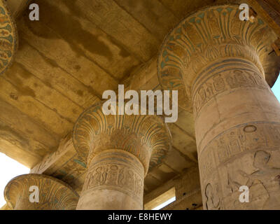 Egitto Luxor Ramesseum, dipinto originale decorazione colorata su lotus colonna sagomata capitale Foto Stock