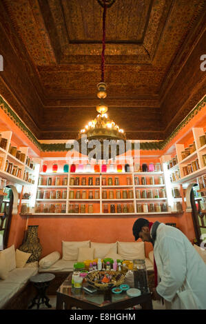 Verticale vista interna di uno speziale, aka farmacia berbera, negozio nel souk di Marrakech. Foto Stock