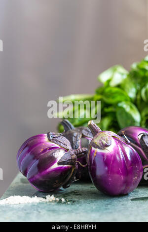 Gruppo di melanzane su marmo verde, con sale di primo piano e di basilico in background. Foto Stock