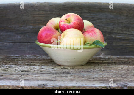 Mele, rosso, verde, frutta, autunno, banco rustico, sfondo bianco, all'aperto, nel dipinto a mano vaso in ceramica, succosa, fresche, salute Foto Stock