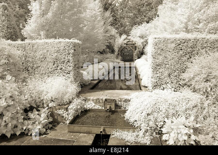 Fotografia a infrarossi di un classico giardino inglese, maturi alberi e siepi in giardino ruscello a Wollerton Old Hall (NGS) Mercato Drayt Foto Stock