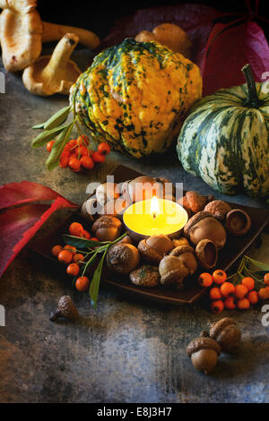 Zucche, dadi, bacche e funghi chanterelle con candela che brucia Foto Stock