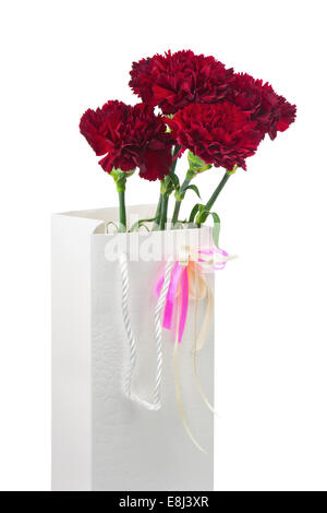 Confezione regalo e bouquet di fiori di garofani isolati su sfondo bianco. Foto Stock