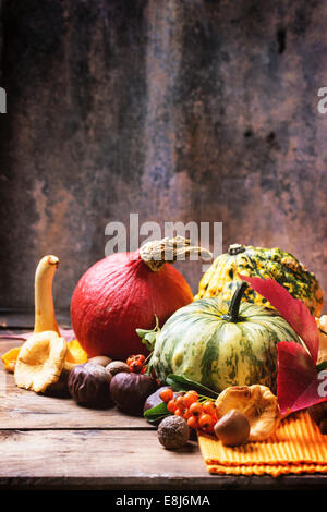 Zucche, dadi, bacche e funghi chanterelle sopra il vecchio tavolo in legno. Foto Stock