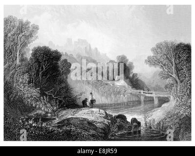 Vista la Vale of Llangollen Crow Castello nella distanza circa 1860 Foto Stock