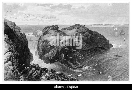 Carrick-a-Rede carrick a rede ponte di corde nella contea di Antrim Irlanda del Nord Regno Unito Irlanda Regno Unito GB Gran Bretagna circa 1830 Foto Stock