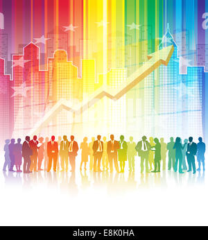 La Folla di imprenditori in piedi sopra una città in uno sfondo colorato Foto Stock