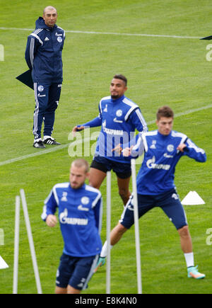 Geselnkirchen, Germania. 9 Ott 2014. Il nuovo headcoach della Bundesliga tedesca club di calcio Schalke 04, Roberto di Matteo, conduce la sua prima sessione di formazione in Geselnkirchen, Germania, 09 ottobre 2014. Matteo riprende da Jens Keller. Foto: Roland Weihrauch/dpa/Alamy Live News Foto Stock