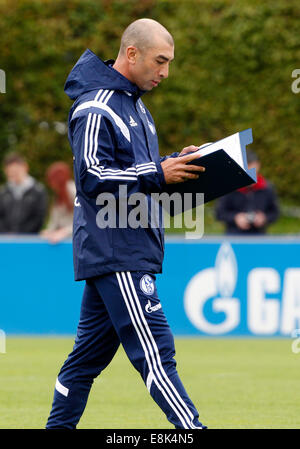 Geselnkirchen, Germania. 9 Ott 2014. Il nuovo headcoach della Bundesliga tedesca club di calcio Schalke 04, Roberto di Matteo, conduce la sua prima sessione di formazione in Geselnkirchen, Germania, 09 ottobre 2014. Matteo riprende da Jens Keller. Foto: Roland Weihrauch/dpa/Alamy Live News Foto Stock