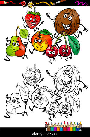 Libro da colorare o pagina Cartoon illustrazione del Bianco e del Nero divertente Esecuzione di frutti insieme per i bambini Foto Stock