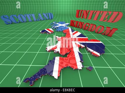 Mappa 3D illustrazione della Scozia e Inghilterra con bandiera Foto Stock