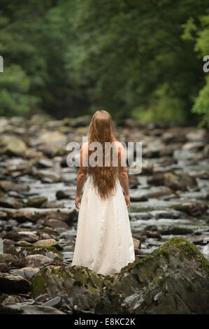 Cestino il vestito: vista posteriore di una bionda dai capelli "sposa' che indossa il suo abito da sposa stette in piedi in un riverbed Foto Stock