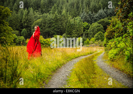 Scarlet Woman: un pensieroso introverso premurosa bambina indossa un rosso sangue tonaca vestito da soli nella campagna di bosco Foto Stock