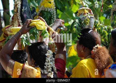 Femmina indù devoti che porta bicchieri di latte sulla testa in festa religiosa, vista posteriore Foto Stock