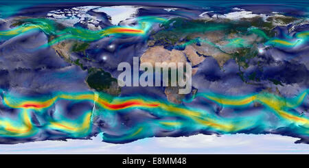 Questa modellazione atmosferica visualization mostra venti globale a partire da un OGM-5 simulazione utilizzando 10-chilometro di risoluzione. Venti di superficie Foto Stock