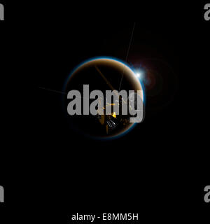 Artista del concetto di Cassini osservando il tramonto su Titano, la più grande luna di Saturno. Foto Stock