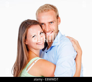 Ritratto di una felice coppia giovane sorridente cercando - Isolato su bianco Foto Stock