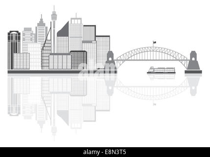 Sydney Australia Skyline Landmarks Harbour Bridge in scala di grigi con la riflessione isolata su sfondo bianco illustrazione Foto Stock