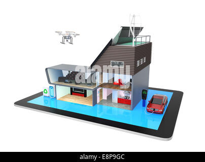 Smart house su un tablet PC isolati su sfondo bianco Foto Stock