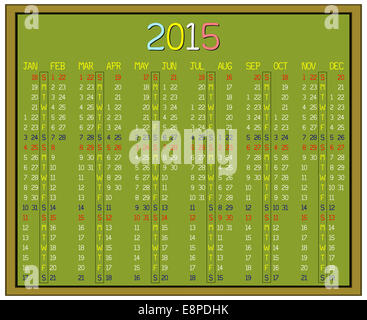 Una illustrazione di un calendario per l'anno 2015 su una lavagna verde. Manoscritte personalizzato font utilizzato. Foto Stock