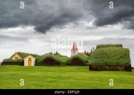 Tappeto erboso belle case in Glaumbaer in Islanda Foto Stock