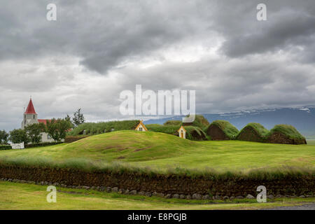 Tappeto erboso belle case in Glaumbaer in Islanda Foto Stock