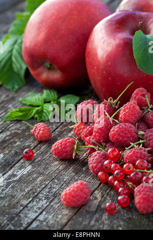 Ribes rosso, rasberry e mele rosse sul vecchio tavolo in legno, mix di colore rosso vitamine concept Foto Stock