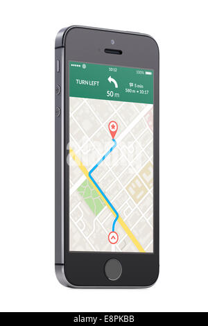 Dal basso verso l'alto vista ruotato ad un leggero angolo nero mobili moderni smart phone con mappa di navigazione gps app con il percorso pianificato su th Foto Stock