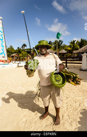 Palm Frond Basket Weaver, Dickenson Bay, Antigua Foto Stock