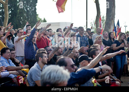 Barcellona, Spagna. Xii oct, 2014. I manifestanti facendo il saluto fascista durante lo spagnolo ultra nazionalista intervento di questa mattina. Oltre 200 spagnolo ultra nazionalista civili ha celebrato questa mattina a Barcellona, la commemorazione annuale di ottobre xii come la nazionale spagnola di giorno. Credito: Cesar Gorriz Rey/Pacific Press/Alamy Live News Foto Stock