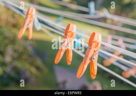 Mollette su una linea rotante airer. Foto Stock