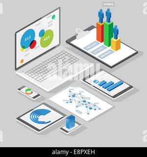 Set di infographics gli elementi di design su articoli di cancelleria e le periferiche del computer. Stile isometrico. Foto Stock