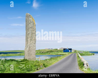 Stenness guardare la pietra, un sito Patrimonio Mondiale dell'UNESCO, cuore delle Orcadi neolitiche, Orkney Islands, Scozia. Foto Stock