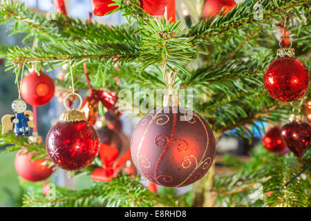 Close-up di rosso le palle di Natale su albero di Natale Foto Stock