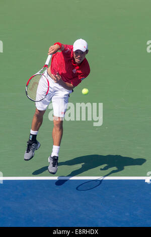 Kei Nishikori (JPN) sconfisse top-seme e mondo No. 1 Novak Djokovic (SRB) negli uomini Semi-Final per raggiungere la sua prima carriera Gra Foto Stock